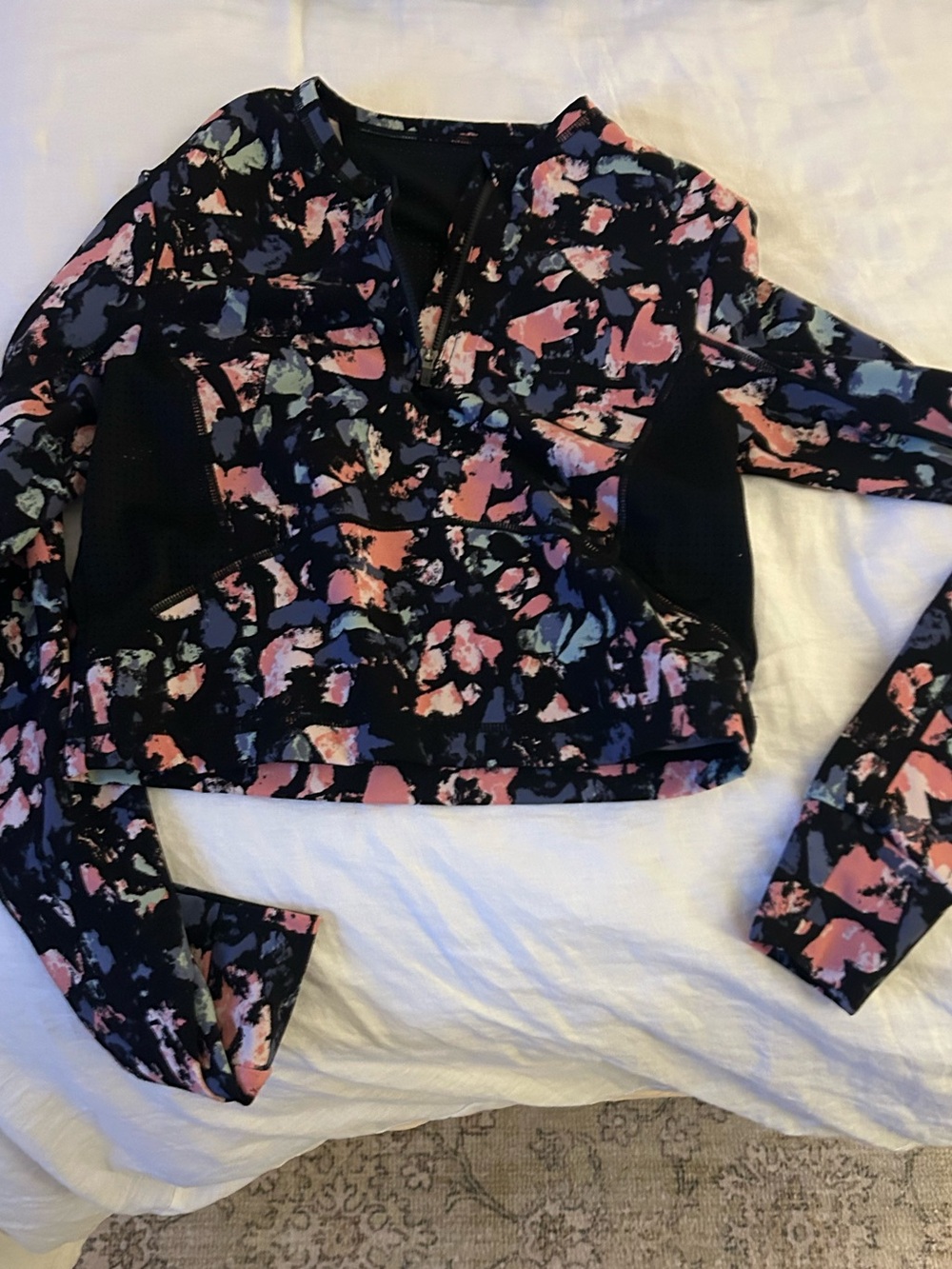 Sweaty Betty Black Multicolor Floral Zip-Front Crop Top
